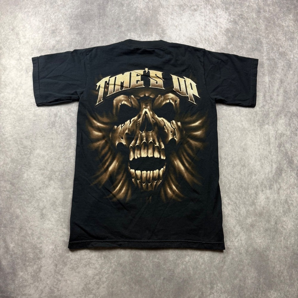 Vintage C&H Activewear Times Up Skull Graphic T-Shirt Black Small Mens T-Shirt